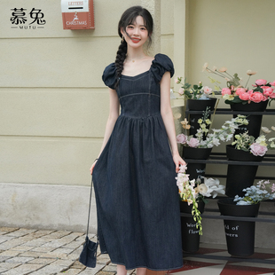 小个子收腰a字裙子 新款 慕兔复古气质泡泡袖 牛仔连衣裙女2025夏季