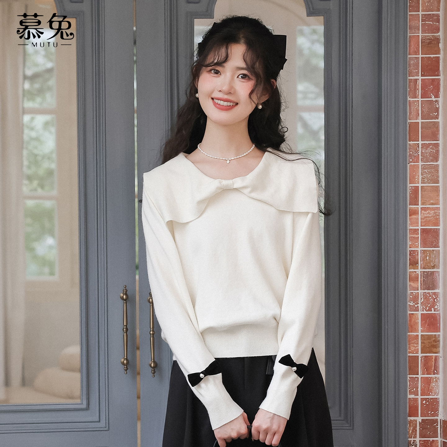 慕兔法式气质蝴蝶结针织衫