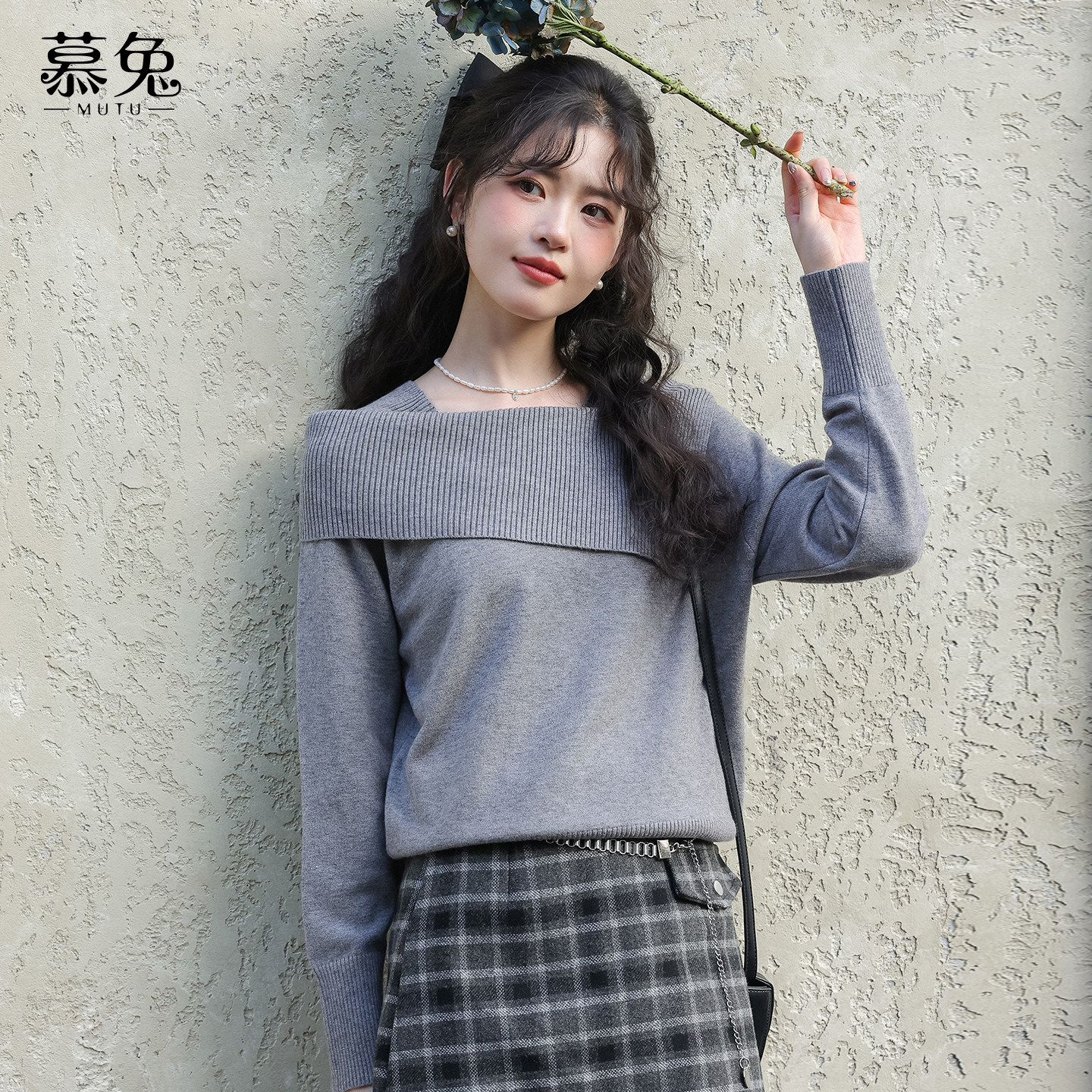 慕兔韩版可一字肩毛衣