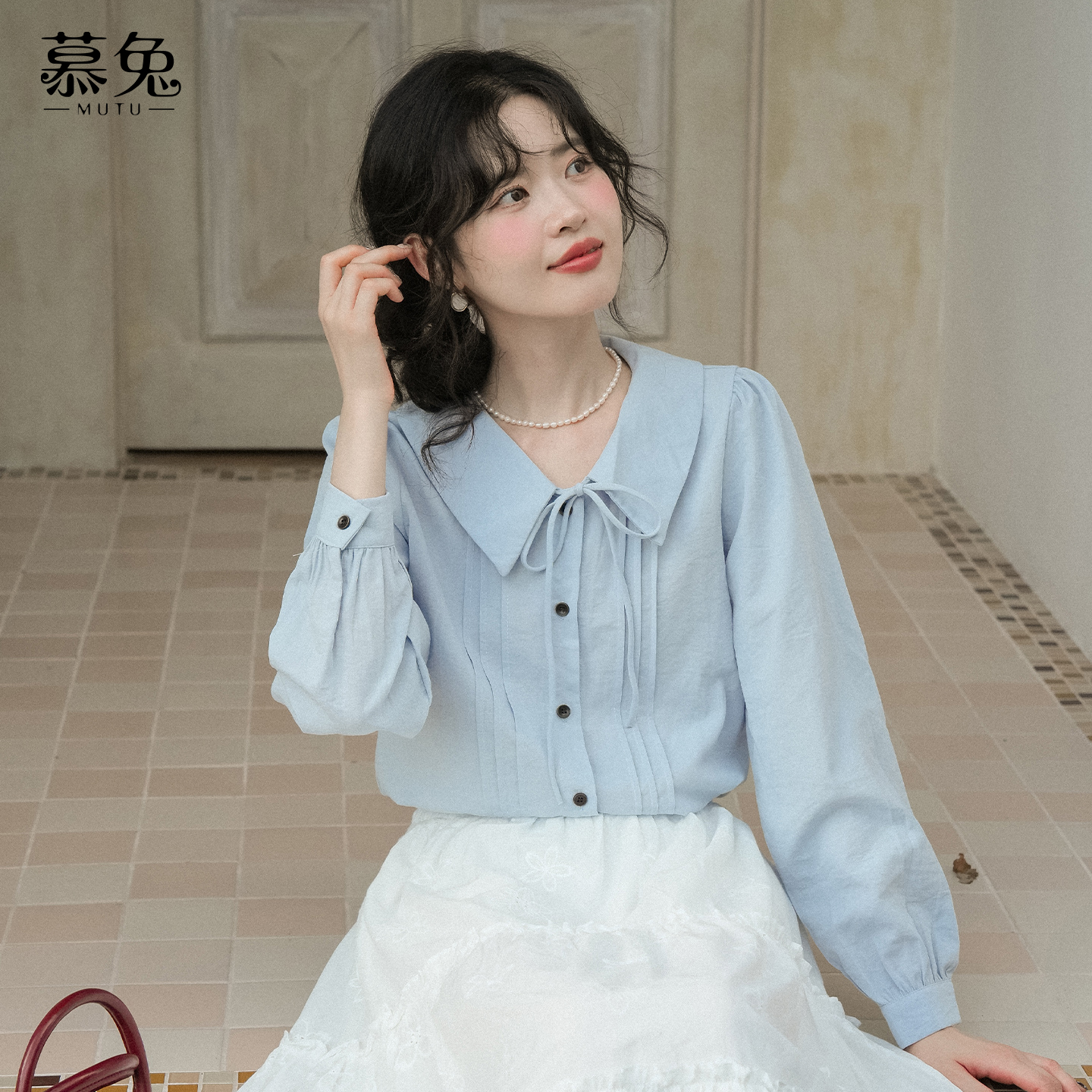 慕兔法式气质蓝色长袖衬衫