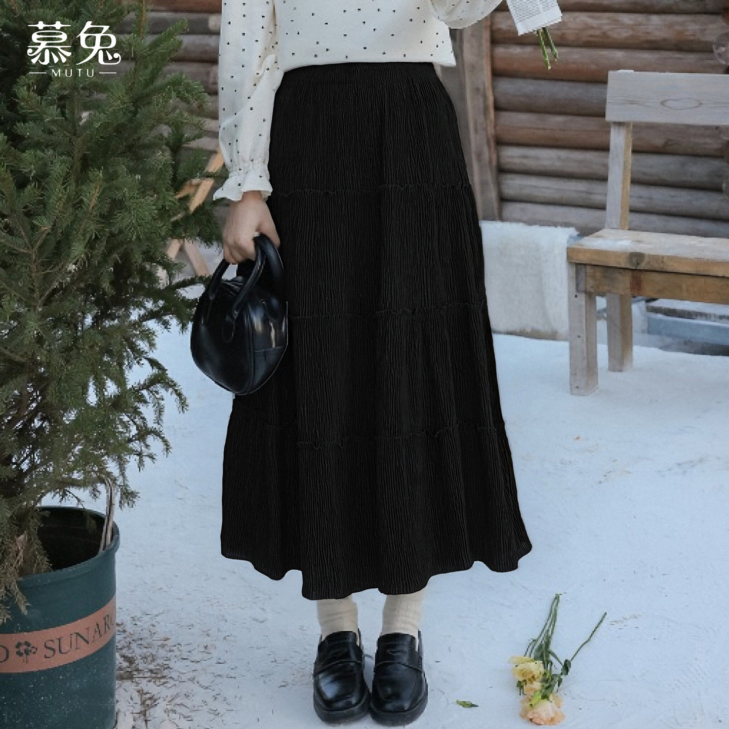 慕兔复古咖色大摆半身裙女2025冬季新款气质中长款木耳边a字裙子,女装/女士精品,半身裙,淘宝优惠券,粉丝福利购,淘宝优惠卷