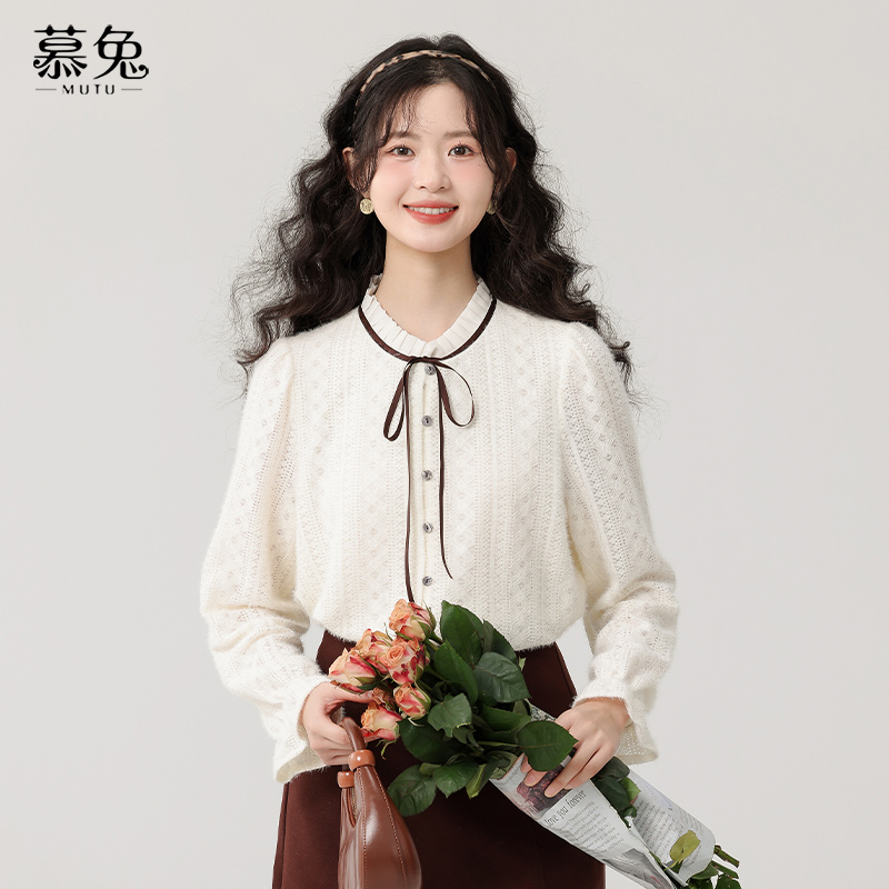 慕兔法式蝴蝶结系带蕾丝衫