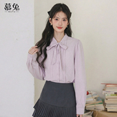 蝴蝶结系带长袖 衬衫 女2026春季 慕兔法式 新款 温柔宽松紫色V领上衣