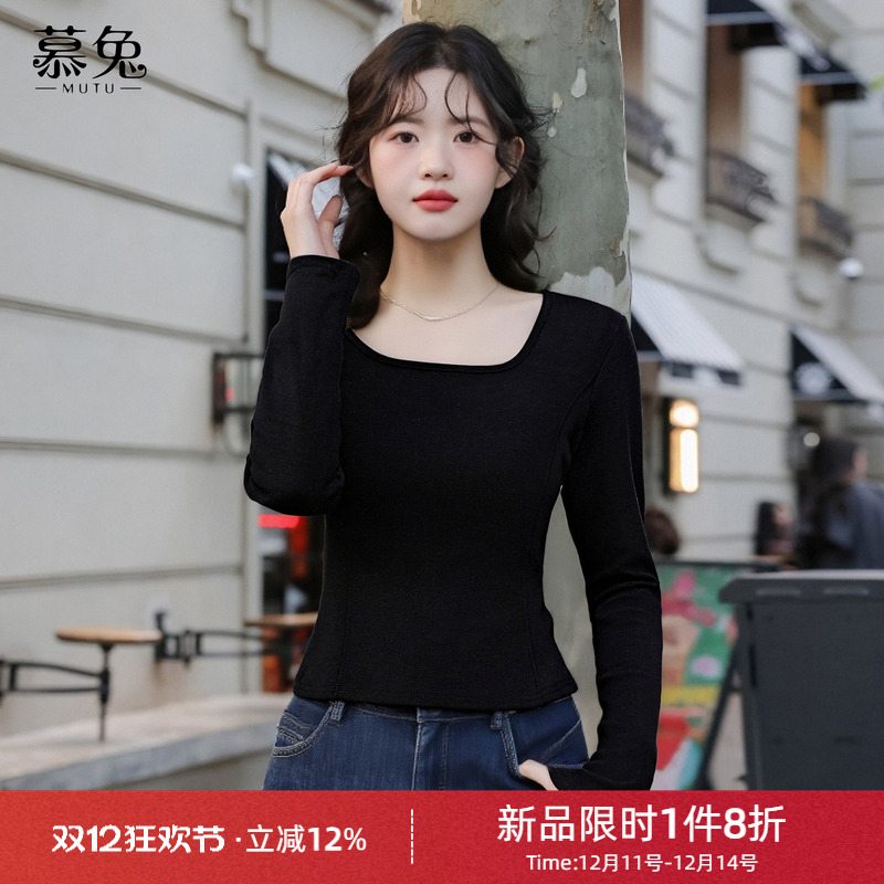慕兔韩系黑色方领长袖t恤