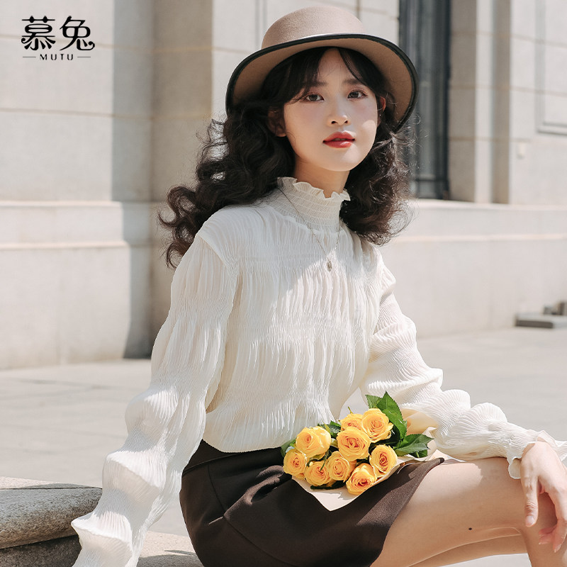 慕兔法式休闲半高木耳边领衬衫