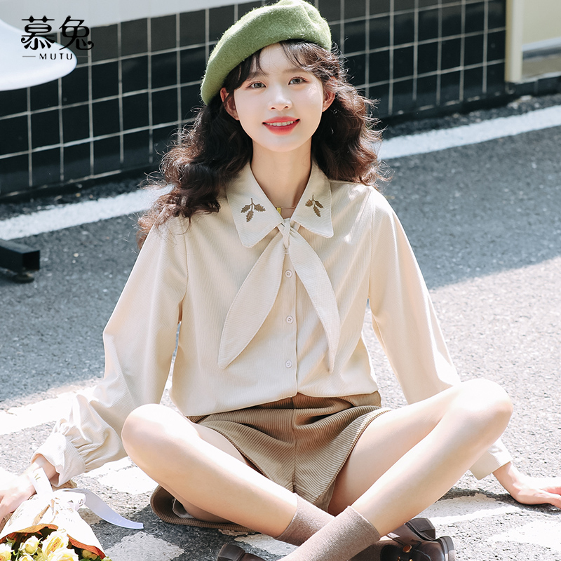 慕兔兔耳刺绣系带宽松长袖衬衫