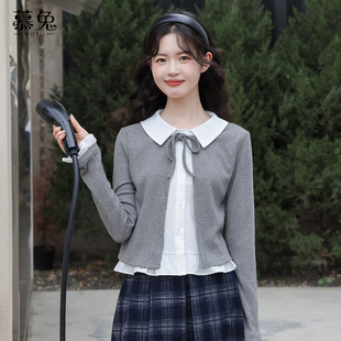 小个子撞色长袖 新款 上衣 女2025秋季 慕兔韩系学院风拼接假两件衬衫