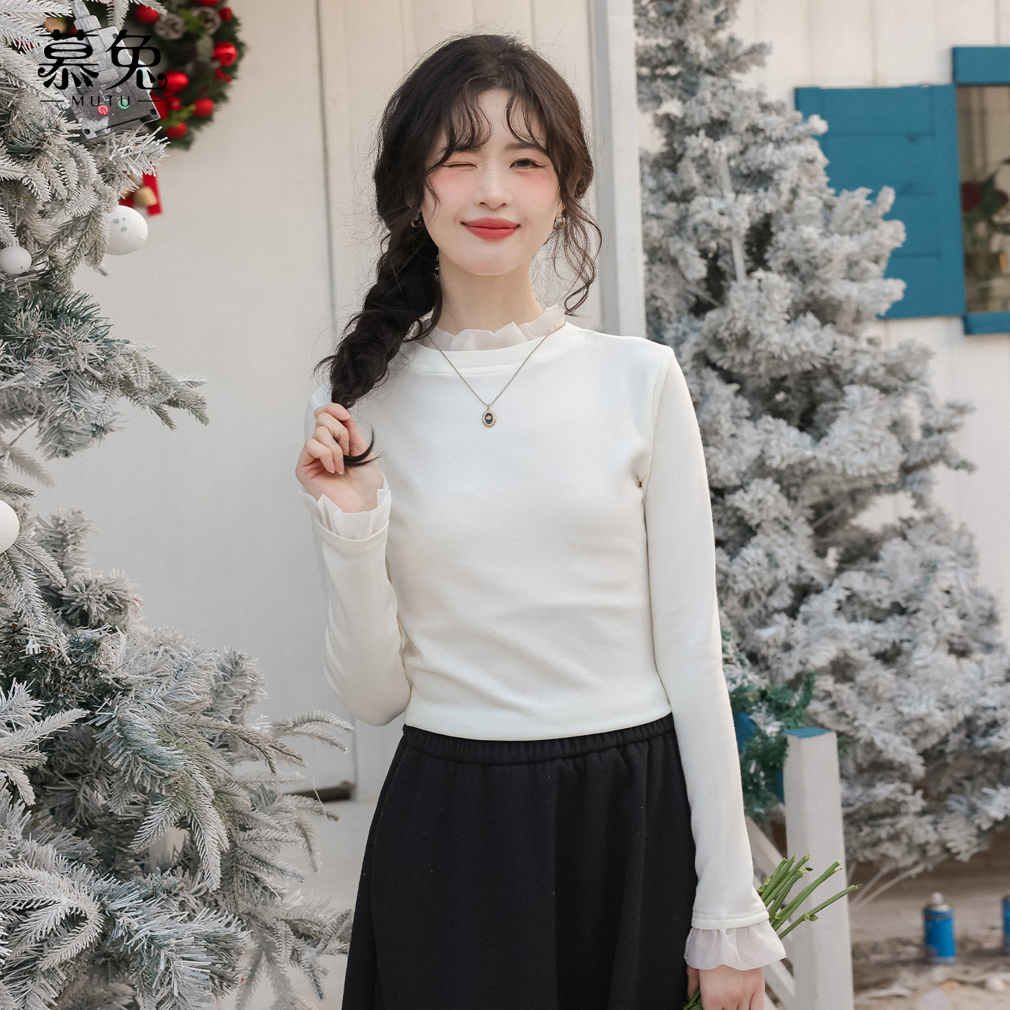 慕兔韩系拼接花边立领打底衫t恤