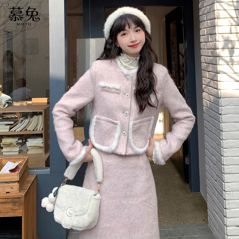 慕兔小香风粉色套装女秋冬2025新款毛呢夹棉外套高腰半身裙两件套,女装/女士精品,时尚套装,淘宝优惠券,粉丝福利购,淘宝优惠卷