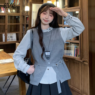 气质木耳边长袖 针织马甲背心两件套装 衬衫 新款 女2025秋季 慕兔法式