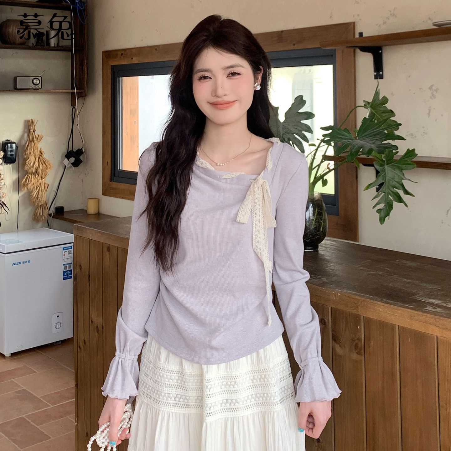 慕兔法式斜领蝴蝶结系带长袖t恤