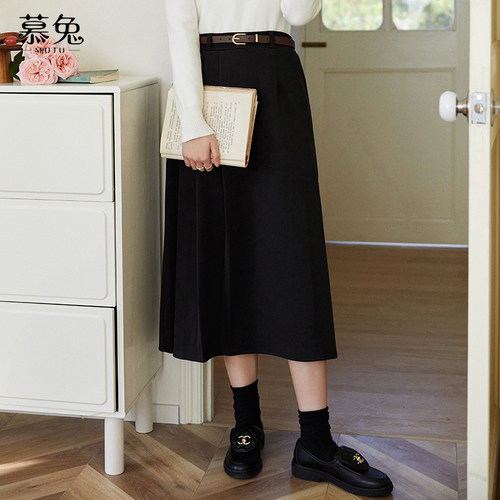 慕兔复古中长款百褶半身裙