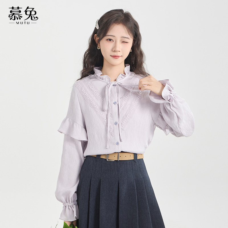 慕兔法式高级感紫色长袖衬衫