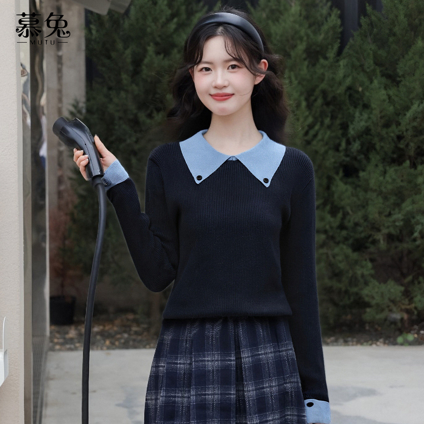 慕兔韩系拼接撞色长袖针织衫女2025冬季新款内搭修身显瘦打底上衣,女装/女士精品,毛针织衫,淘宝优惠券,粉丝福利购,淘宝优惠卷