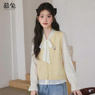 慕兔法式蕾丝蝴蝶结系带衬衫女2026春季新款针织马甲背心两件套装