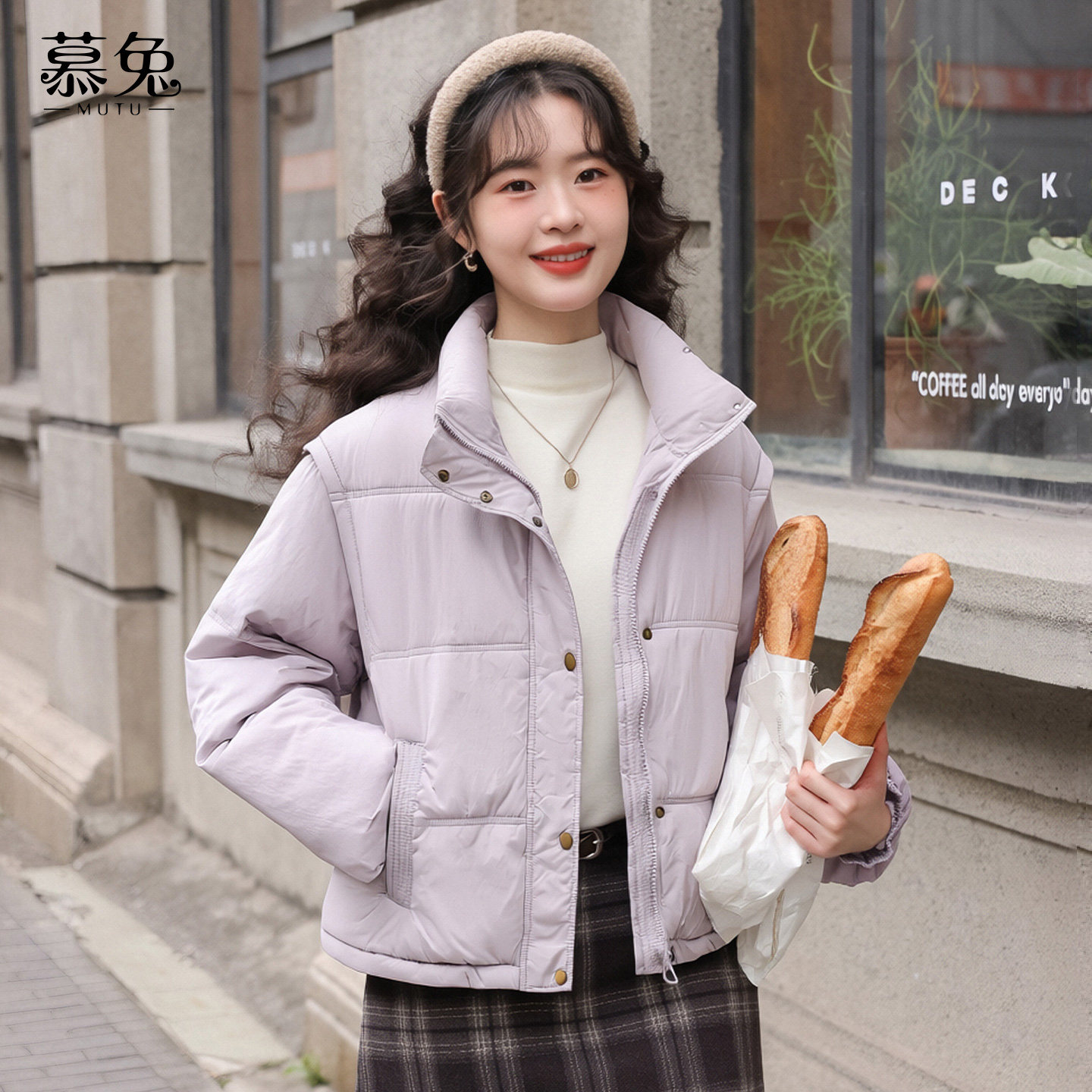 慕兔甜美紫色立领棉服外套