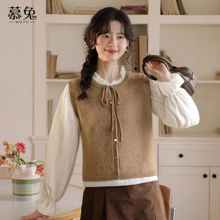 两件套装 叠穿蕾丝衬衫 新款 慕兔复古小个子针织马甲背心女2025冬季