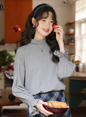 慕兔韩系灰色半高领长袖t恤女2025冬季新款别致宽松内搭打底上衣