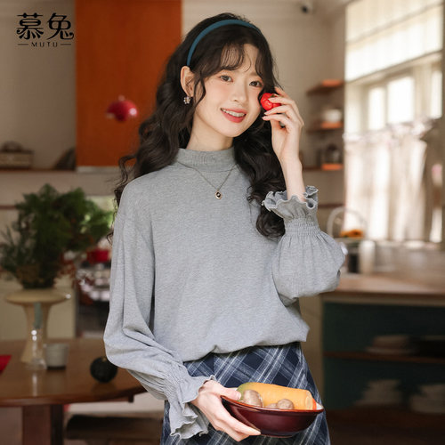 慕兔韩系灰色半高领长袖t恤
