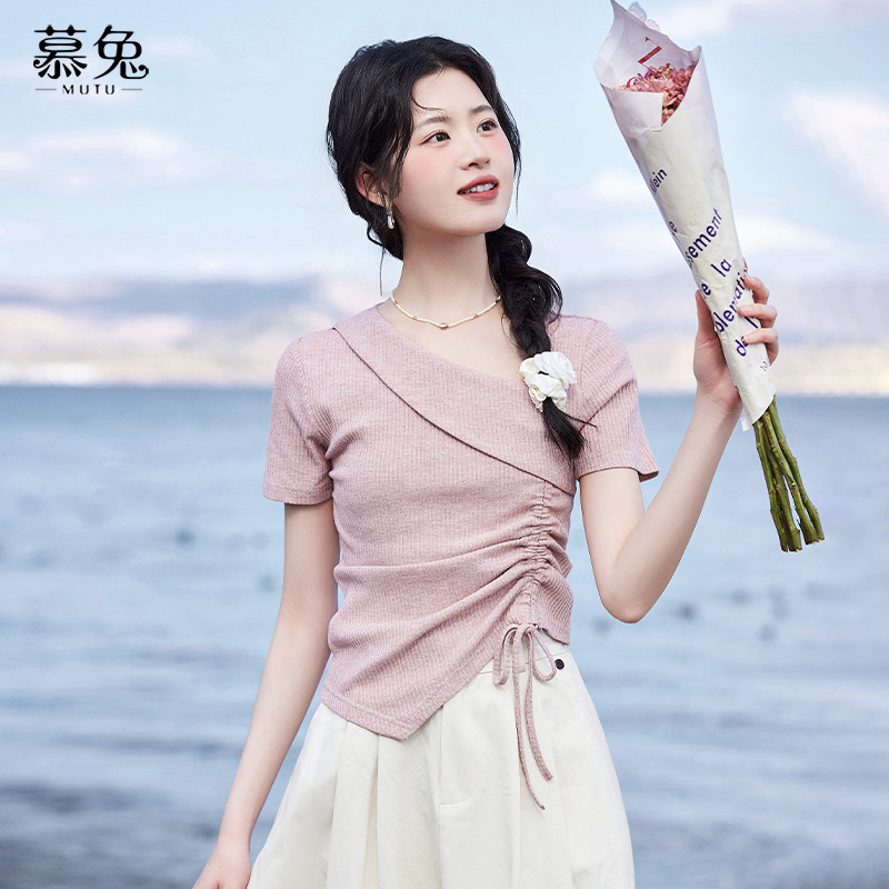 慕兔不规则修身短袖t恤女夏季2025新款小个子短款抽绳甜辣小上衣,女装/女士精品,T恤,淘宝优惠券,粉丝福利购,淘宝优惠卷