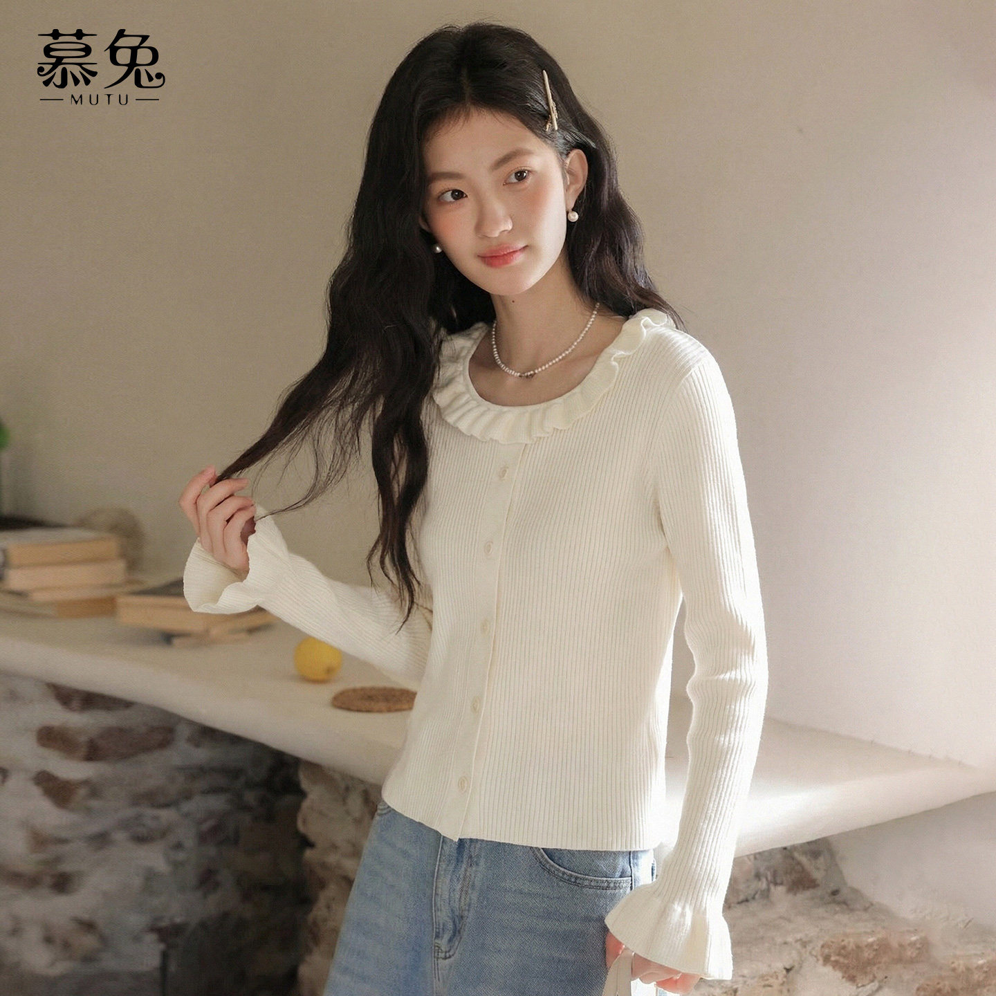 慕兔法式花边圆领长袖针织衫女2026春季新款温柔风宽松喇叭袖上衣,女装/女士精品,毛针织衫,淘宝优惠券,粉丝福利购,淘宝优惠卷