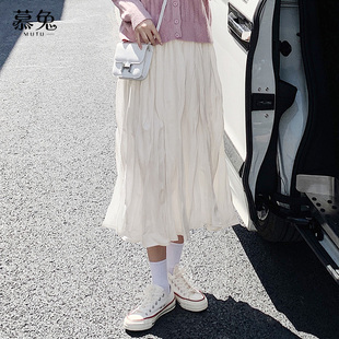 高腰小个子褶皱a字裙 新款 慕兔白色中长款 百褶半身裙森女2025秋季
