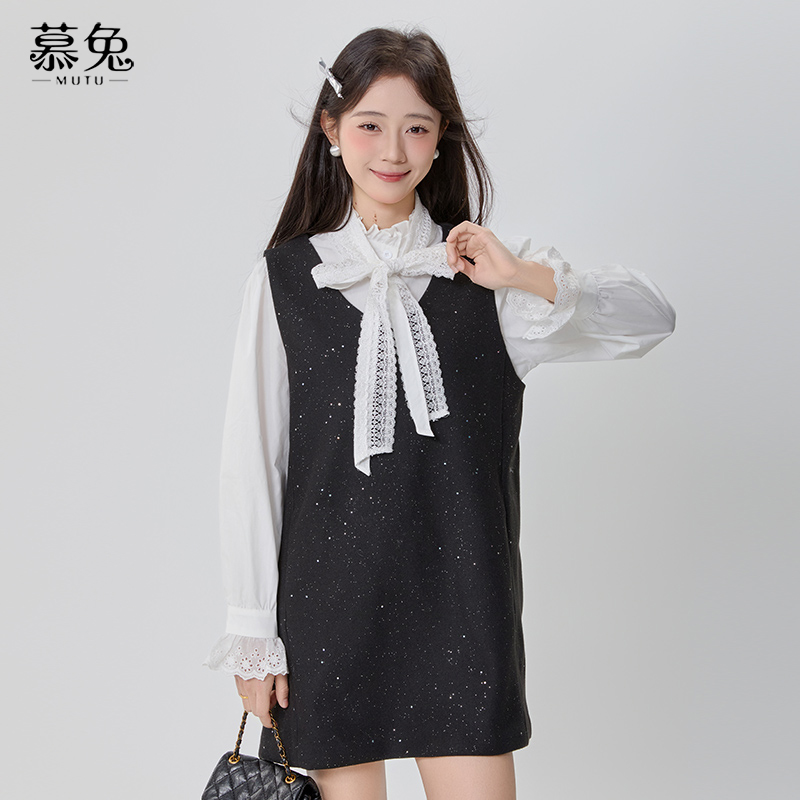 慕兔小香风衬衫背心裙套装