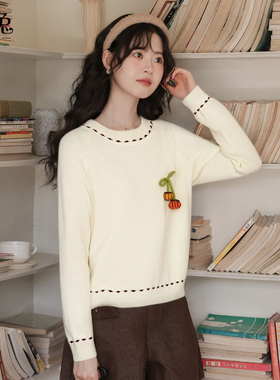 慕兔甜美软糯撞色针织上衣女20252冬季新款小个子立体小南瓜毛衣