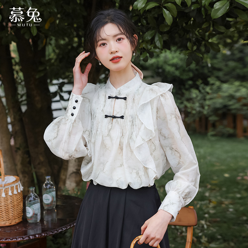 慕兔国风长袖荷叶边衬衫