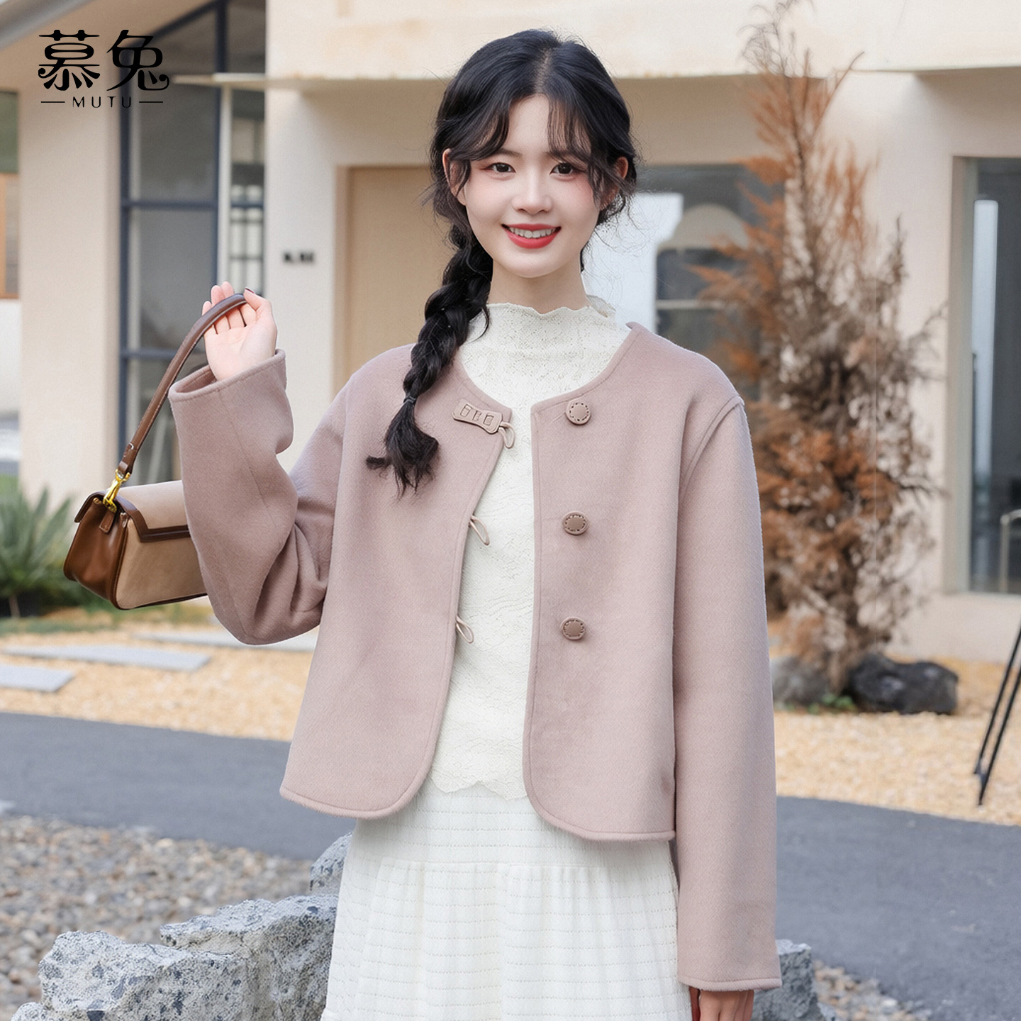 慕兔法式甜美粉色毛呢外套