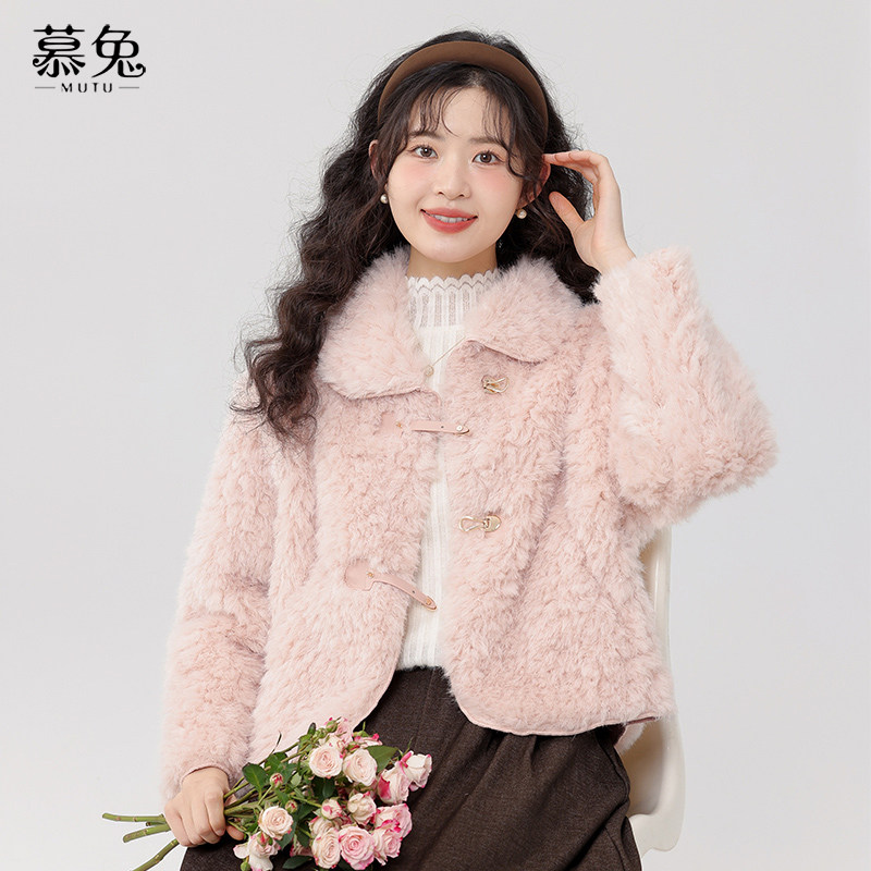 慕兔甜美粉色仿羊羔毛外套女2025冬季新款小个子加厚皮毛一体上衣,女装/女士精品,短外套,淘宝优惠券,粉丝福利购,淘宝优惠卷