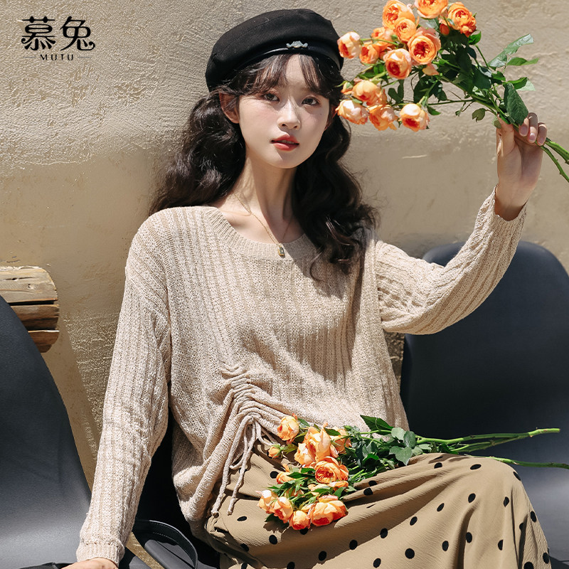 慕兔韩系圆领毛衣长袖针织衫女2025秋新款别致设计感小众抽绳上衣,女装/女士精品,毛针织衫,淘宝优惠券,粉丝福利购,淘宝优惠卷