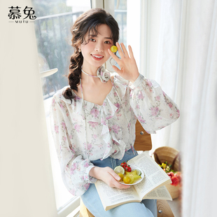 气质绝美长袖 慕兔法式 夏季 女2025新款 雪纺上衣 荷叶边v领碎花衬衫
