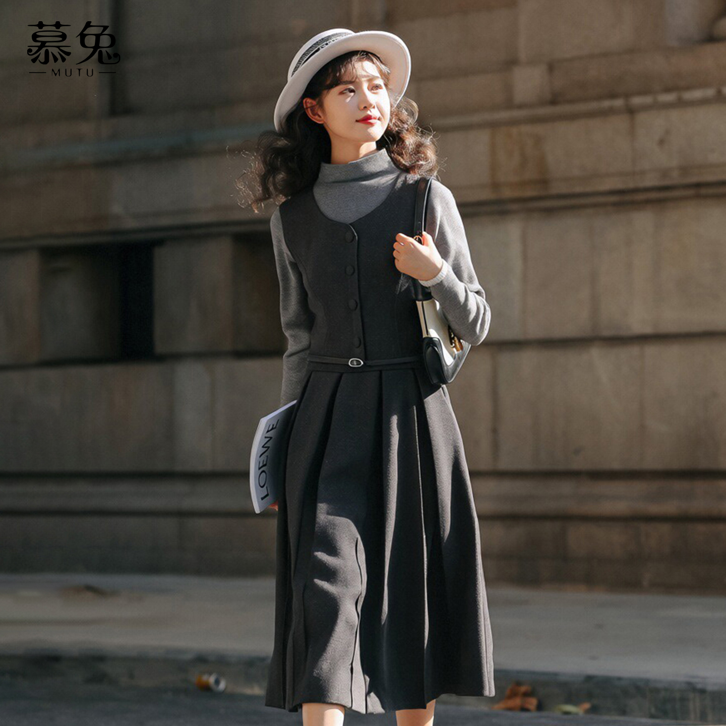 慕兔背心连衣裙叠穿打底衫套装