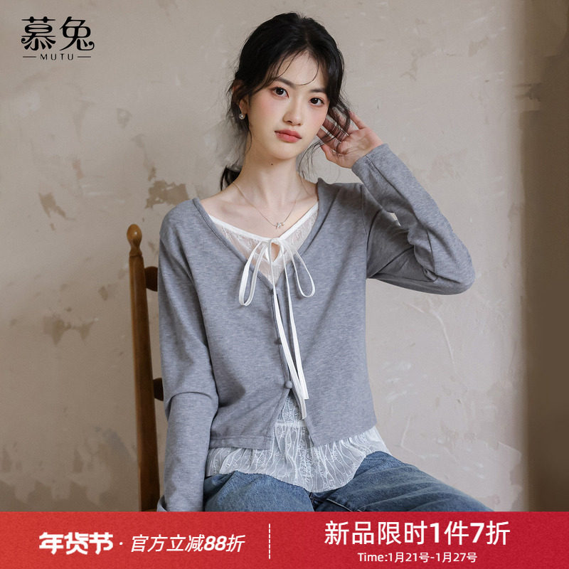 慕兔法式蕾丝拼接假两件长袖t恤女2026春季新款别致宽松显瘦上衣,女装/女士精品,T恤,淘宝优惠券,粉丝福利购,淘宝优惠卷