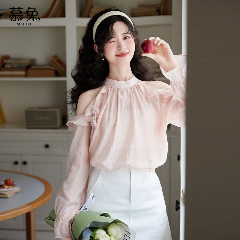 慕兔法式露肩挂脖长袖衬衫