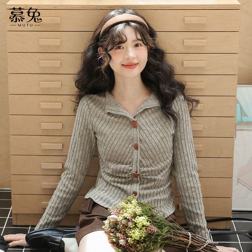 慕兔法式气质领长袖针织t恤