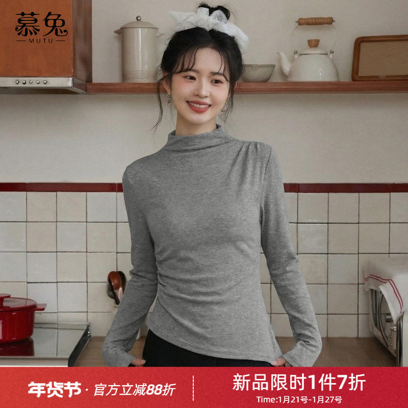 慕兔韩系气质黑色掐腰长袖t恤女2026春新款设计感小众不规则上衣,女装/女士精品,T恤,淘宝优惠券,粉丝福利购,淘宝优惠卷