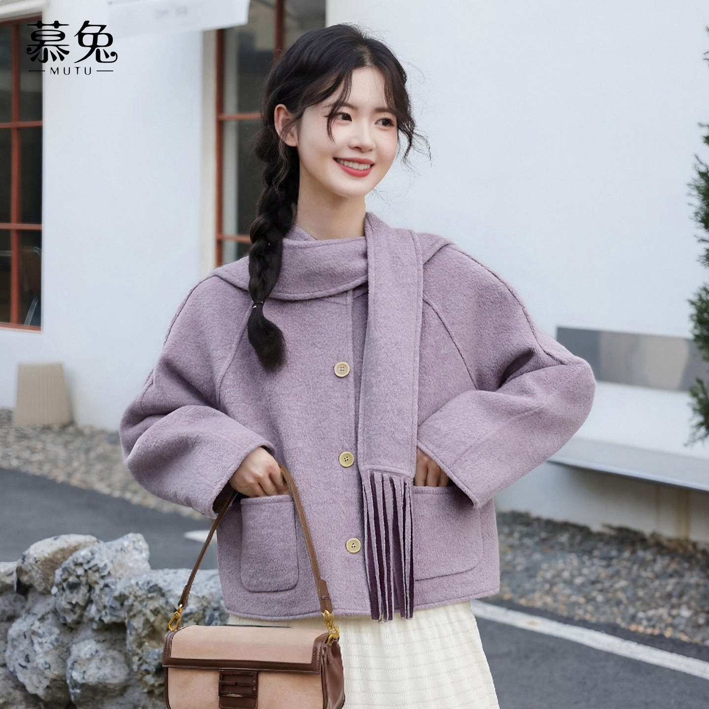 慕兔甜美蓝色立领毛呢外套