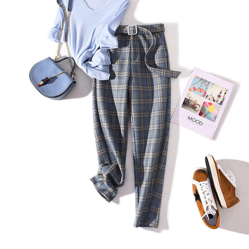 格子裤女秋冬新款宽松大码时尚休闲高腰格纹毛呢九分西装裤小脚裤