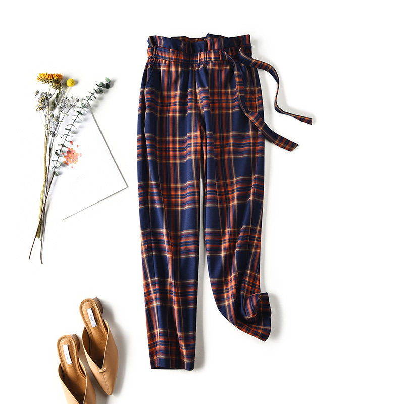 【清仓】九分罗卜哈伦裤女秋高腰显瘦复古格纹修身宽松休闲裤子潮