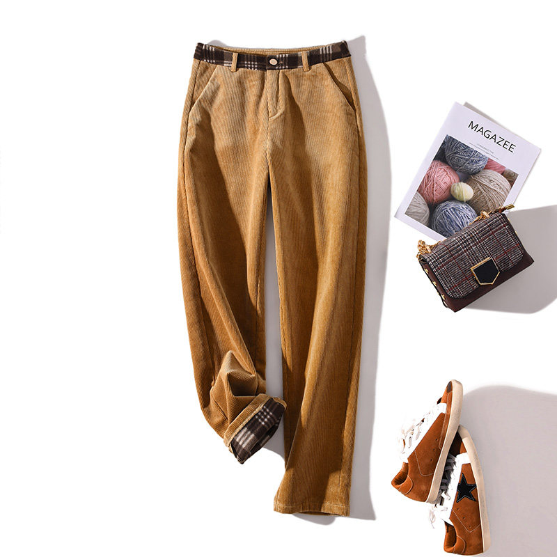 加绒裤女外穿宽松 休闲冬季新款高腰显瘦BF卷边格子灯芯绒哈伦裤