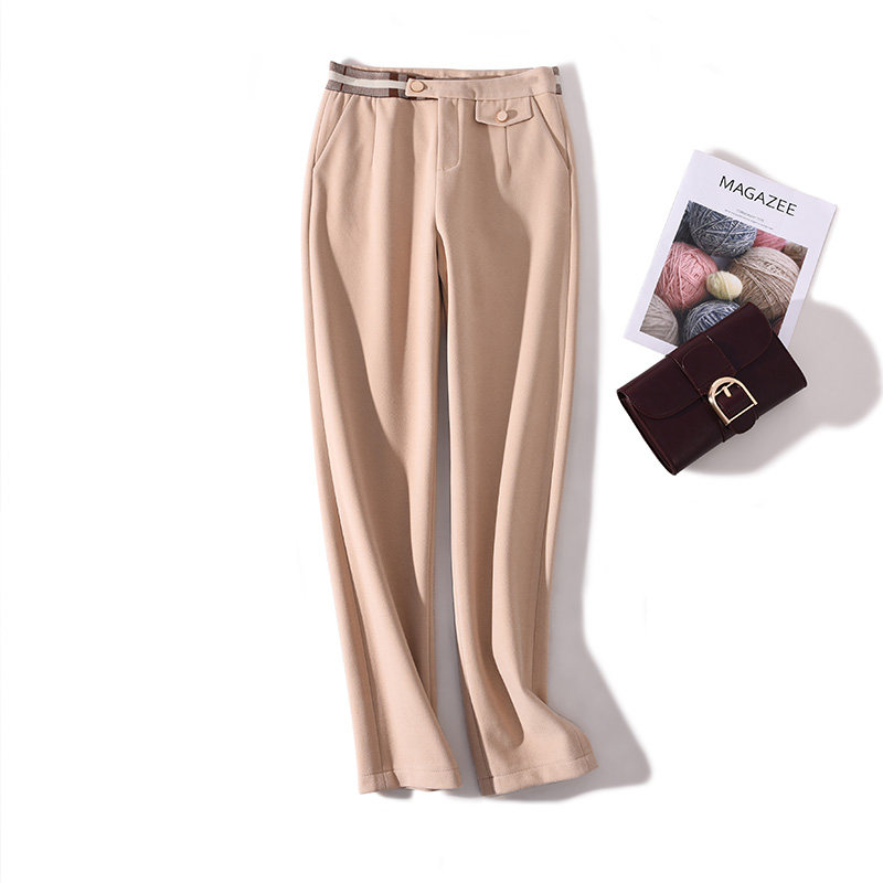 【清仓】毛呢小脚裤女秋冬款宽松大码九分格纹杏色呢料哈伦萝卜裤