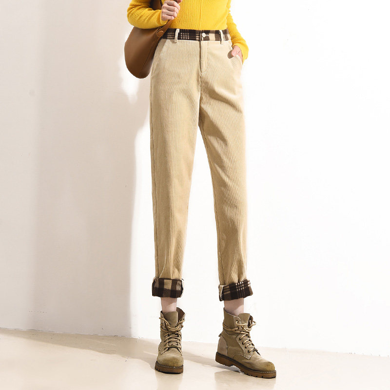 泫雅老爹裤加厚高腰灯芯绒裤子女萝卜裤秋冬格子加绒灯芯绒女裤