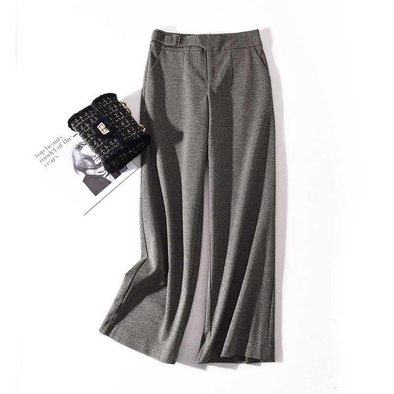 【清仓】毛呢阔腿裤女冬新款高腰千鸟格休闲直筒垂感格子裤九分裤