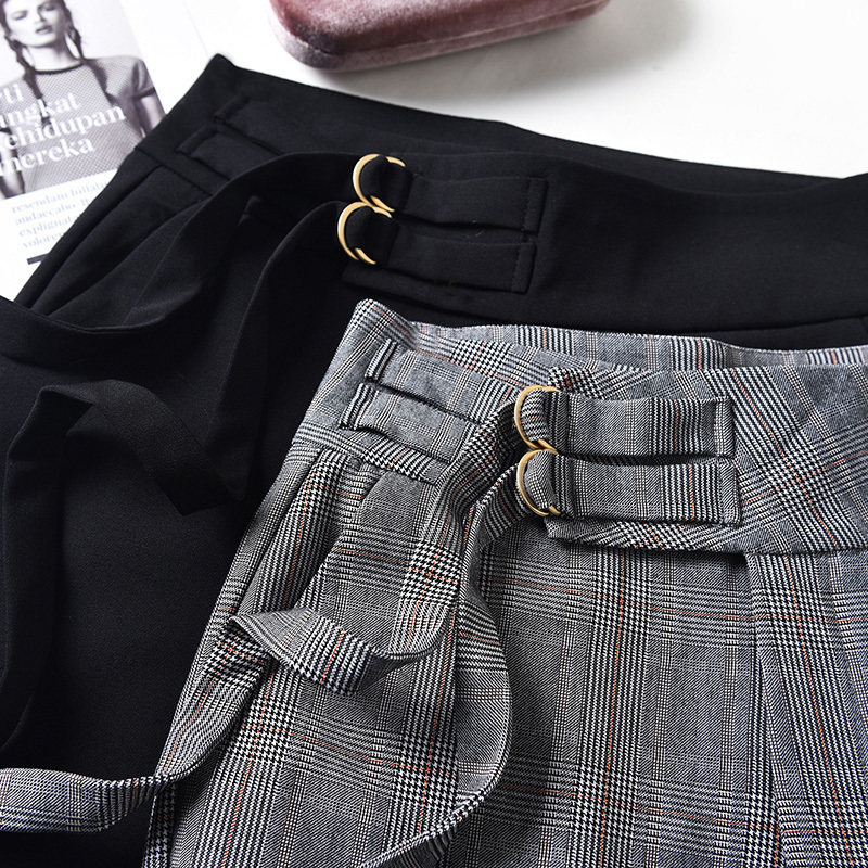 【清仓】微喇高腰直筒长裤春秋新款复古格子喇叭裤宽松女 阔腿