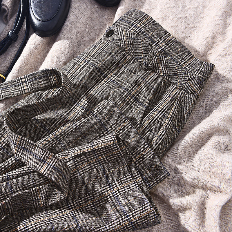 【清仓】羊毛裤女外加厚宽松显瘦韩版九分格子毛呢裤小脚