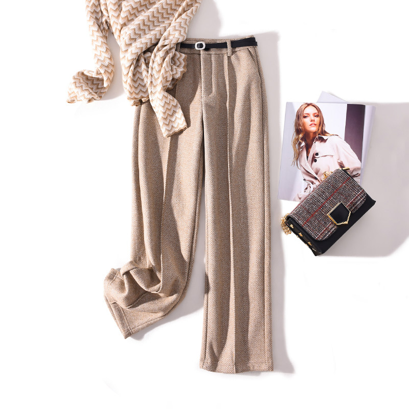 阔腿裤毛呢秋冬女加绒加厚新款宽松显瘦格子直筒裤人字纹垂感长裤