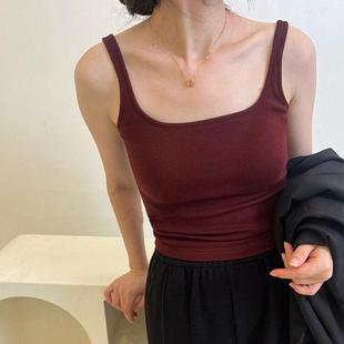 秋冬磨毛螺纹小方领红色背心吊带内衣女自带胸垫内搭一体杯打底衫