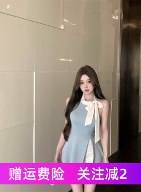 蝴蝶结露背挂脖针织小背心女夏季